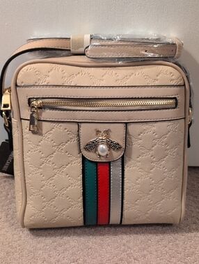 Beige Crossbody Bag with Bee Emblem and Tricolor Stripe With Matching L Wallet